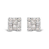Aretes de botón cuadrados de mosaico con diamantes redondos y baguette de 1/7 ct. p.t. en oro blanco de 10K
