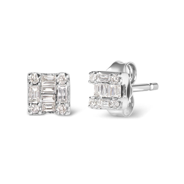 1/7 Ct. T.W. Round and Baguette Diamond Mosaic Square Stud Earrings in 10K White Gold, photo 2