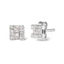Aretes de botón cuadrados de mosaico con diamantes redondos y baguette de 1/7 ct. p.t. en oro blanco de 10K, foto 2