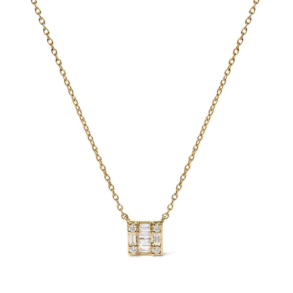 1/10 Ct. T.W. Round and Baguette Diamond Mosaic Composite Square Pendant Necklace in 10K Yellow Gold, photo 1