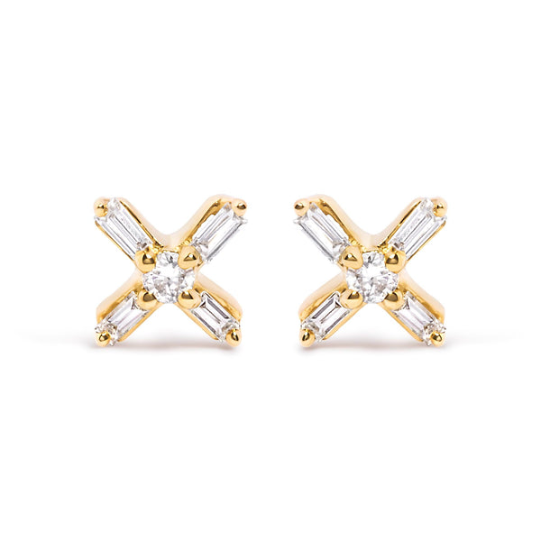 1/10 Ct. T.W. Round and Baguette Diamond Criss Cross X Stud Earrings in 10K Yellow Gold, photo 1