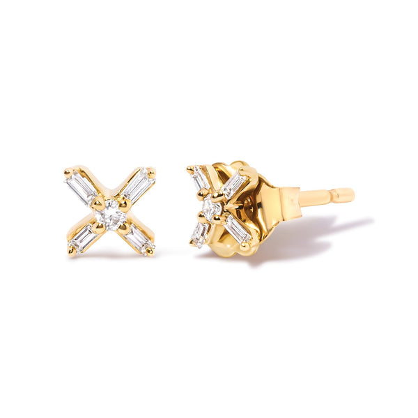1/10 Ct. T.W. Round and Baguette Diamond Criss Cross X Stud Earrings in 10K Yellow Gold, photo 2