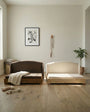 Haven dog beds in brown and cream side by side