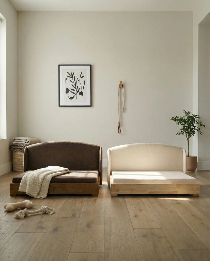Haven dog beds in brown and cream side by side