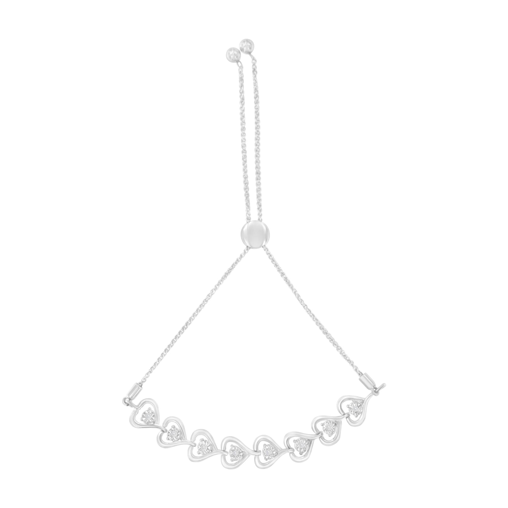 Pulsera bolo de corazón tejido con diamantes de 0.1 ct. p.t. en plata de ley, foto 1
