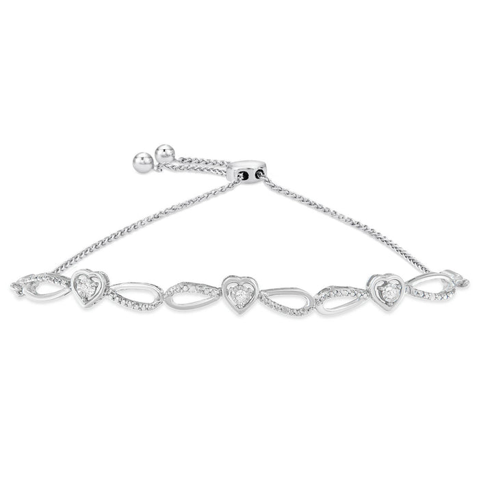 Pulsera bolo ajustable de corazón e infinito con detalle de diamante en plata de ley, color I-J, claridad I3, 4 pulg., foto 1