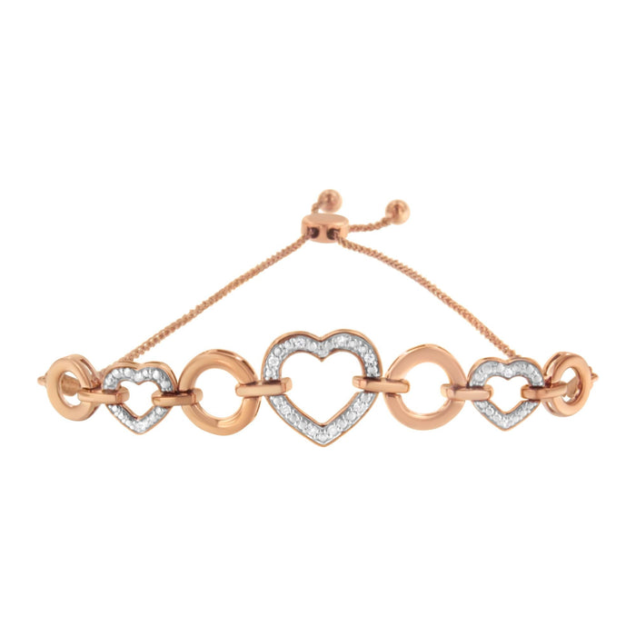 Pulsera bolo ajustable de eslabones de corazón con diamantes redondos de 1/10 ct. p.t. en oro rosa de 10K sobre plata, foto 4