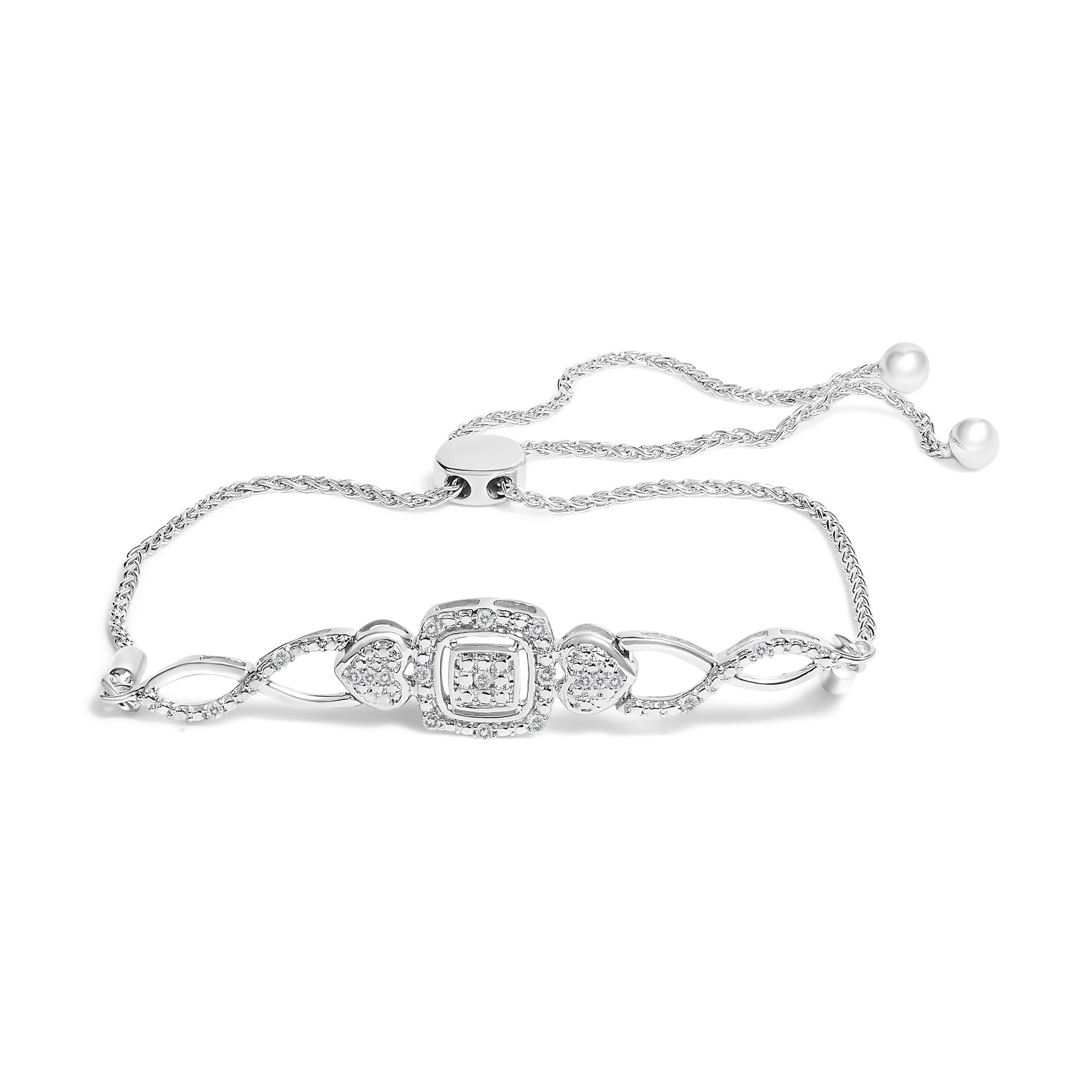 Pulsera tenis bolo ajustable trenzada con marco cojín, lados de corazón y diamantes en plata de ley, color I-J, claridad I3, 4 pulg., foto 1