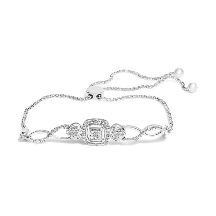 Pulsera tenis bolo ajustable trenzada con marco cojín, lados de corazón y diamantes en plata de ley, color I-J, claridad I3, 4 pulg., foto 1