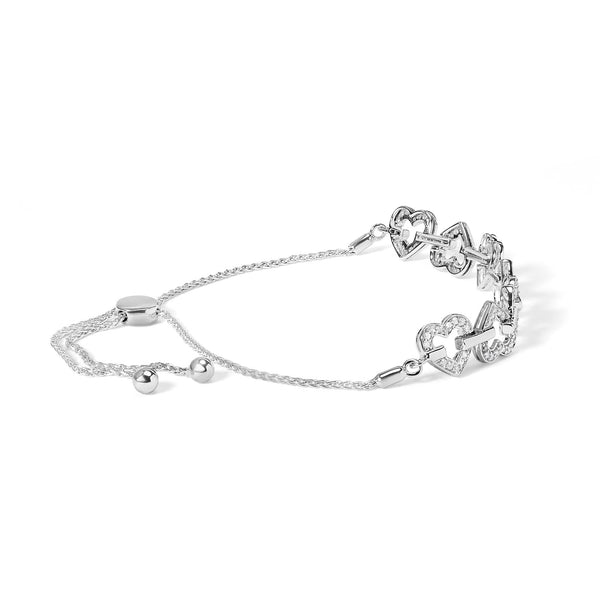 Pulsera bolo ajustable de eslabones de corazón alternados con diamantes de 1/2 ct. p.t. en plata de ley, foto 2