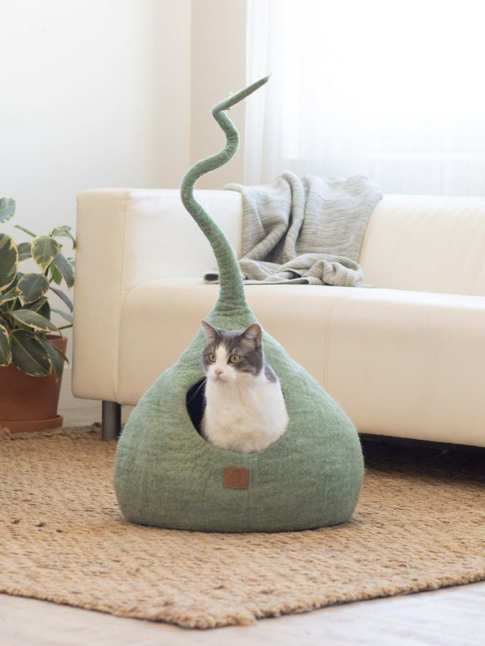 Felted Wool Cat Cave with Tail, Eucalyptus Green, photo 3