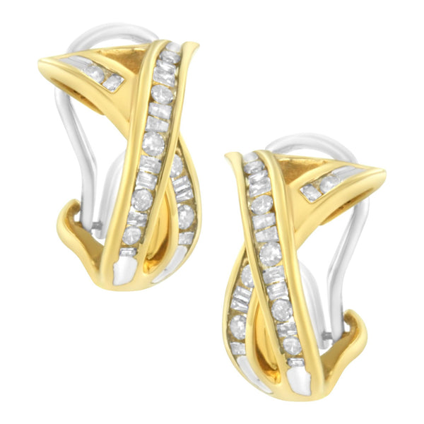1/2 Ct. T.W. Round and Baguette Diamond X Crossover Hoop Earrings in 14K Yellow and White Gold, photo 1