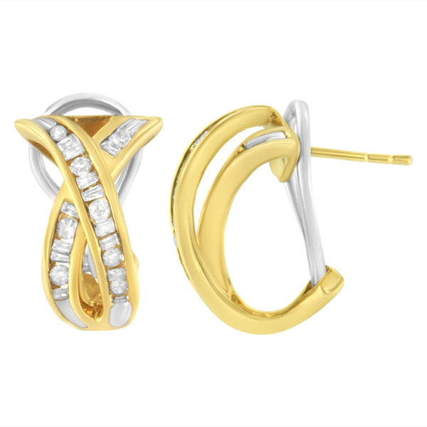 1/2 Ct. T.W. Round and Baguette Diamond X Crossover Hoop Earrings in 14K Yellow and White Gold, photo 2