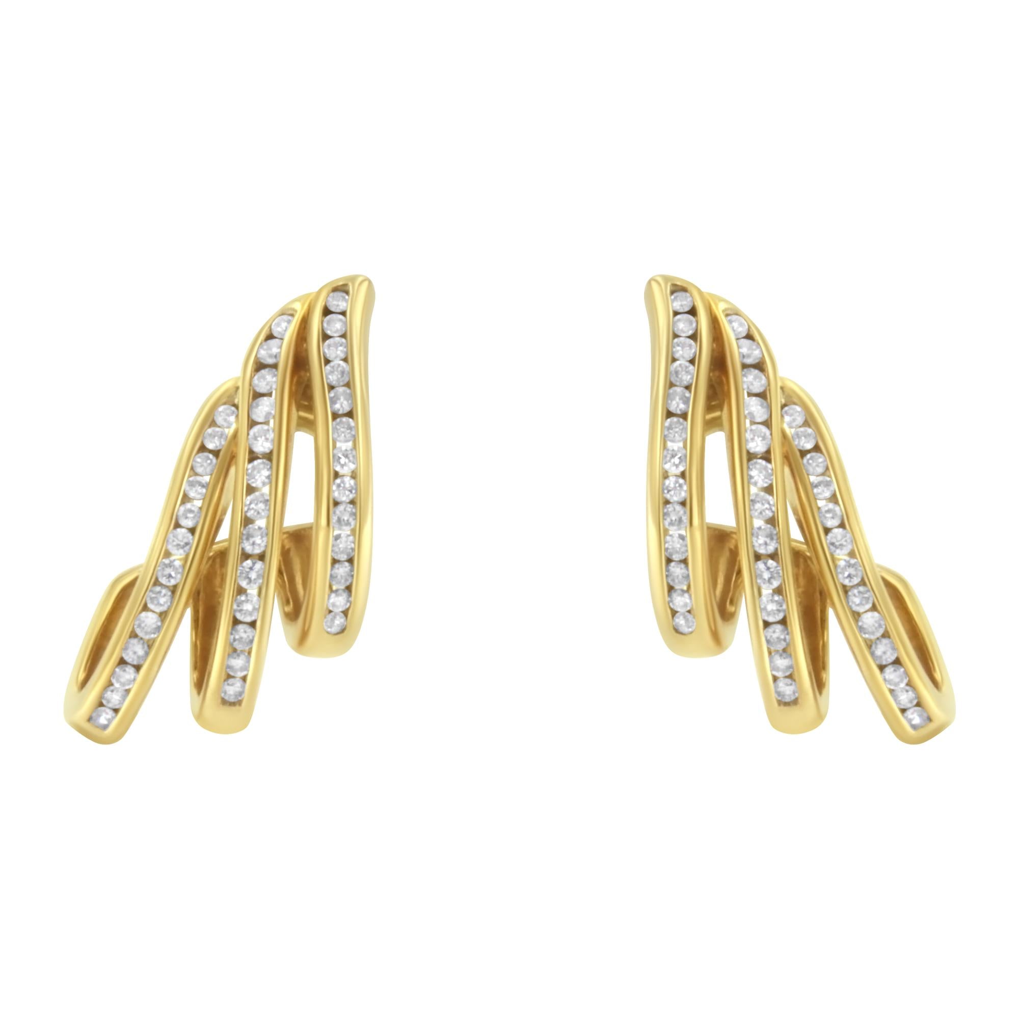 Aretes de botón de aro abierto en espiral de varias hileras de canal con diamantes de 1 ct. p.t. en oro amarillo de 10K, foto 1