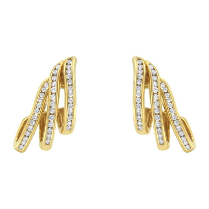 Aretes de botón de aro abierto en espiral de varias hileras de canal con diamantes de 1 ct. p.t. en oro amarillo de 10K, foto 1