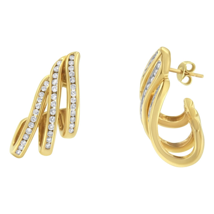 Aretes de botón de aro abierto en espiral de varias hileras de canal con diamantes de 1 ct. p.t. en oro amarillo de 10K, foto 4