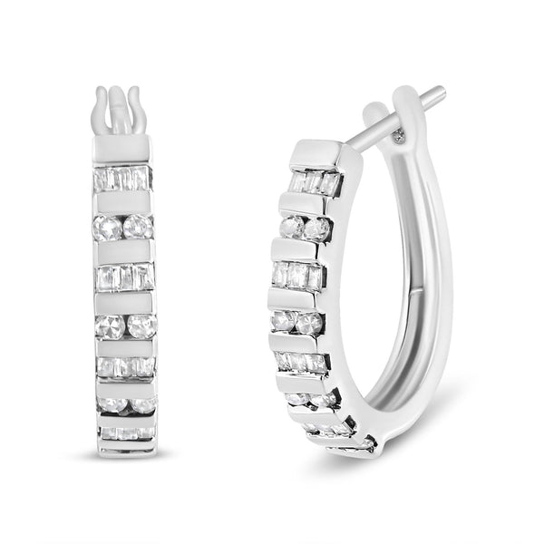 1 Ct. T.W. Round and Baguette-Cut Diamond Hoop Earrings in 10K Gold, photo 1
