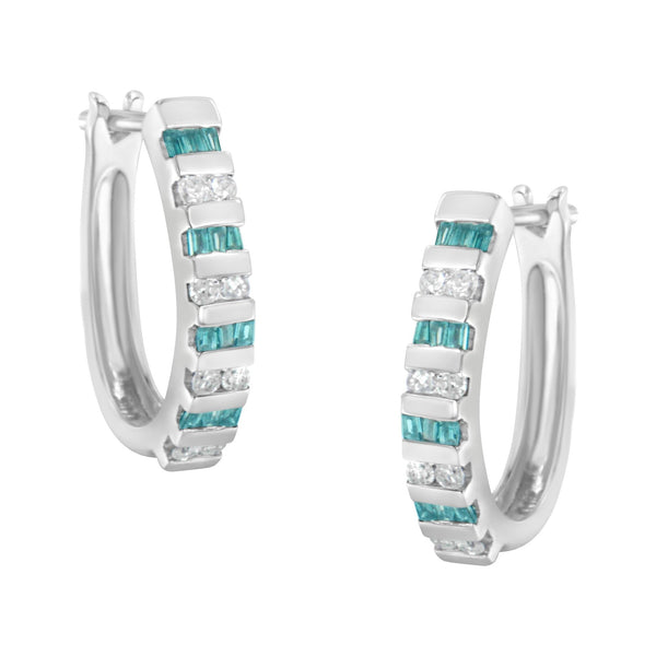 0.50 Ct. T.W. Round and Blue Baguette Diamond Hoop Earrings in 10K White Gold, photo 1