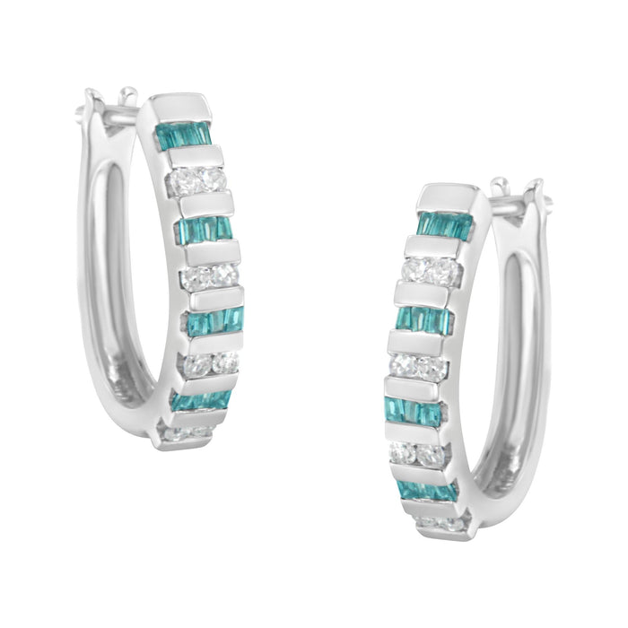 Aretes de aro con diamantes redondos y baguette azules de 0.50 ct. p.t. en oro blanco de 10K, foto 1