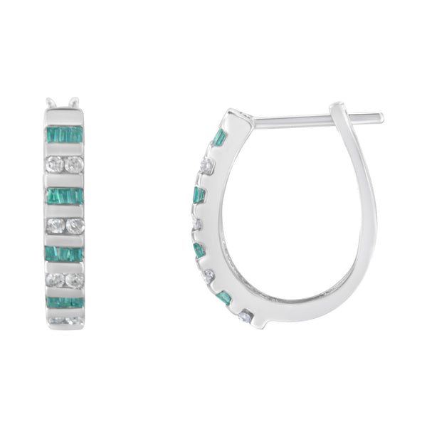 0.50 Ct. T.W. Round and Blue Baguette Diamond Hoop Earrings in 10K White Gold, photo 2