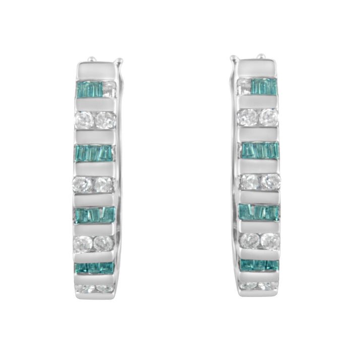 Aretes de aro con diamantes redondos y baguette azules de 0.50 ct. p.t. en oro blanco de 10K, foto 4