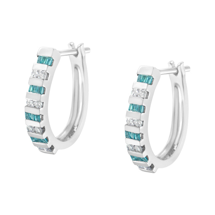 Aretes de aro con diamantes redondos y baguette azules de 0.50 ct. p.t. en oro blanco de 10K, foto 5