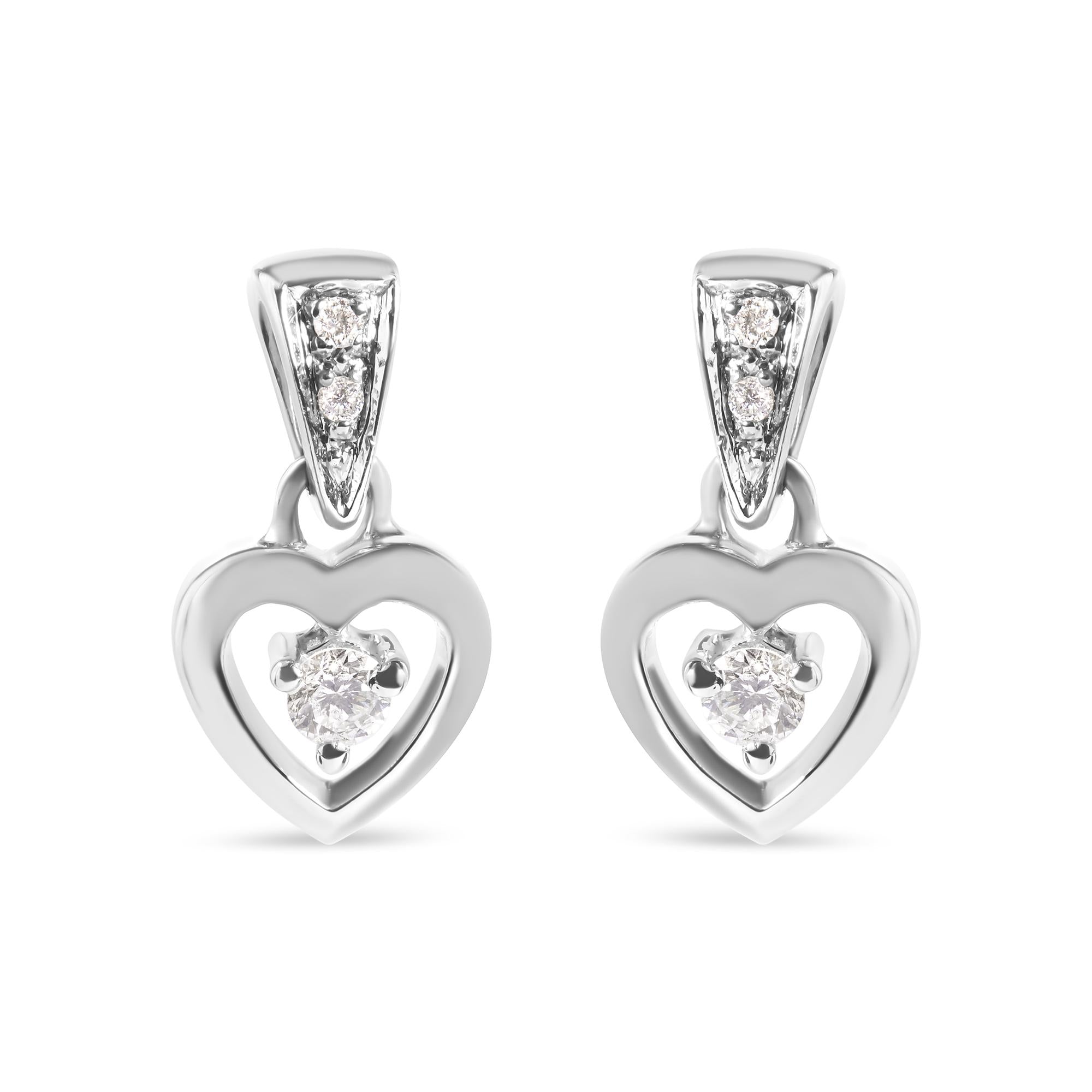 Aretes de botón colgantes de corazón con diamantes de 1/6 ct. p.t. en oro blanco de 14K, foto 1