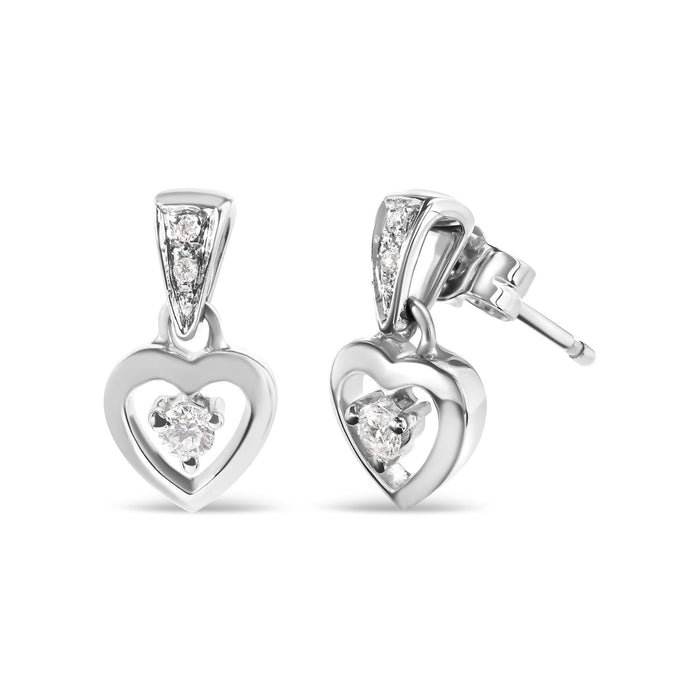 Aretes de botón colgantes de corazón con diamantes de 1/6 ct. p.t. en oro blanco de 14K, foto 2