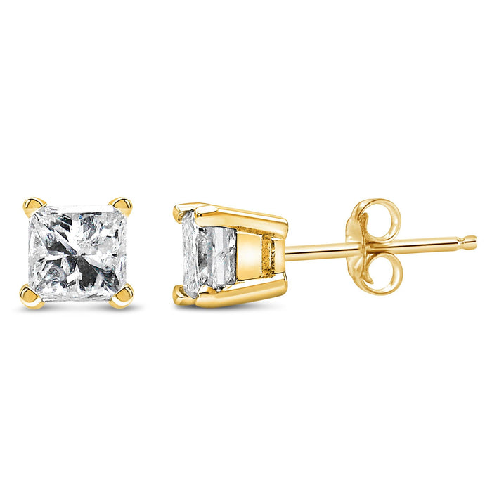 Aretes de botón solitarios de 4 garras con diamantes certificados AGS de 1/4 ct. p.t. en oro amarillo de 14K, foto 2
