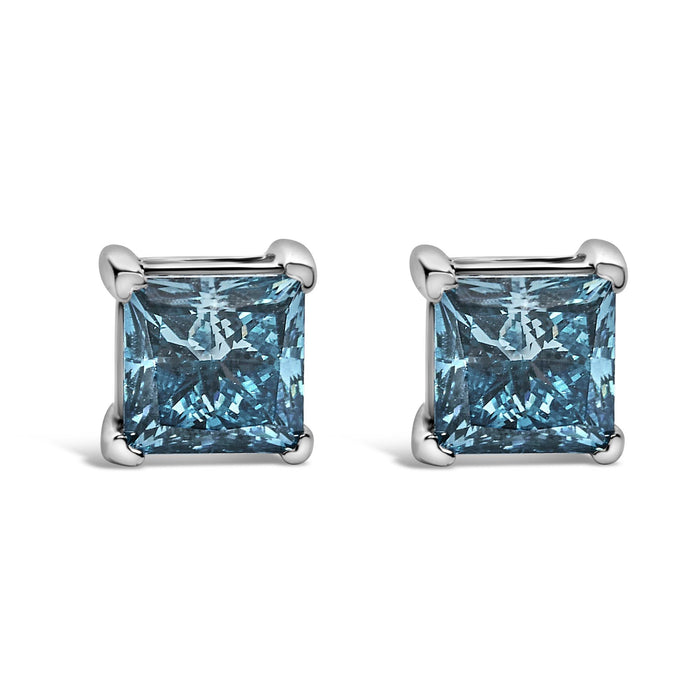 Aretes de botón solitarios con diamantes azules cultivados en laboratorio de 1 ct. p.t. en oro blanco de 14K, foto 1