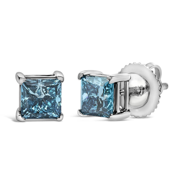 1 Ct. T.W. Princess-Cut Lab-Grown Blue Diamond Solitaire Stud Earrings in 14K White Gold, photo 2