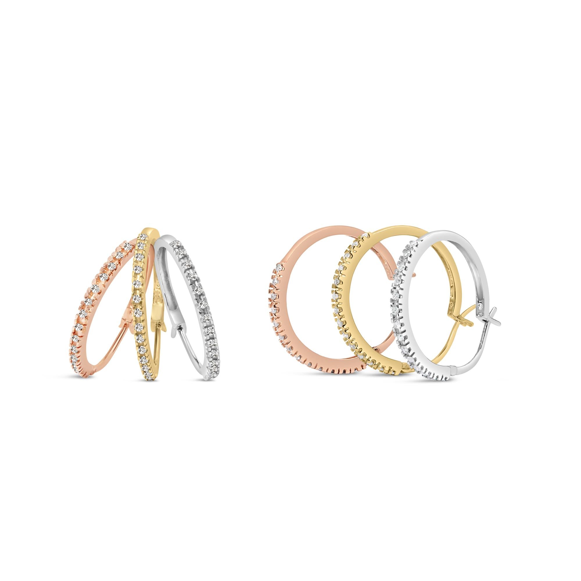 Aretes de aro triple con diamantes de 1/3 ct. p.t. en oro tricolor de 14K, foto 1