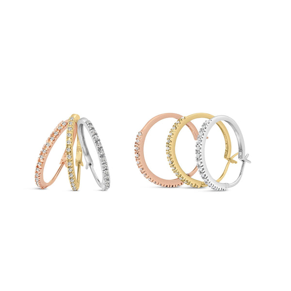 Aretes de aro triple con diamantes de 1/3 ct. p.t. en oro tricolor de 14K, foto 1