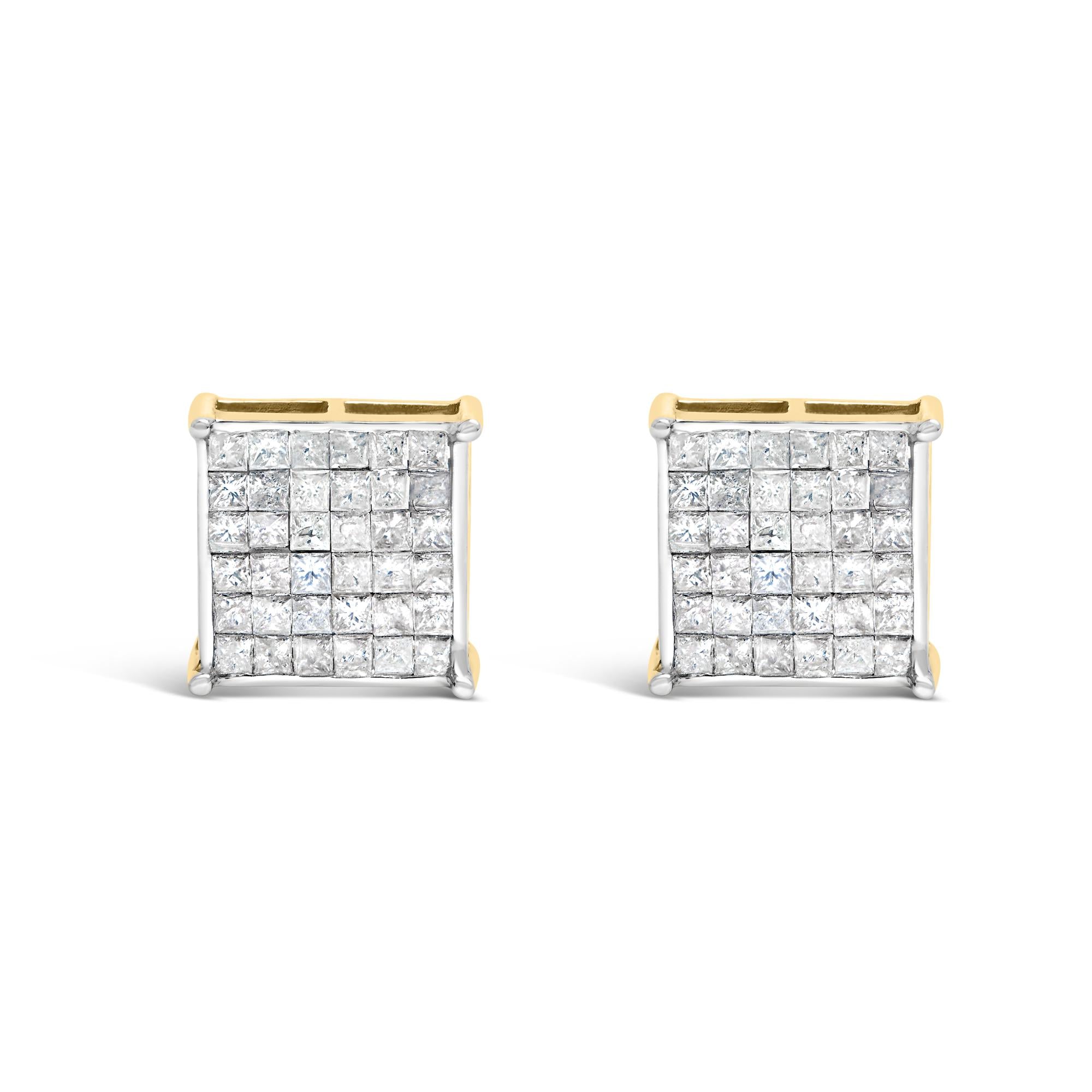 Aretes de botón con engaste invisible y diamantes talla princesa de 2 ct. p.t. en oro amarillo de 10K, foto 1