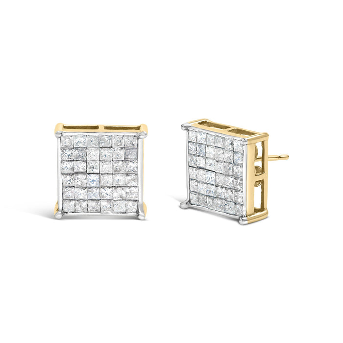 Aretes de botón con engaste invisible y diamantes talla princesa de 2 ct. p.t. en oro amarillo de 10K, foto 2