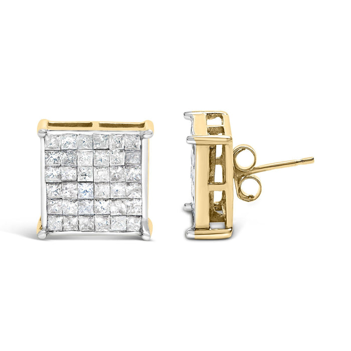 Aretes de botón con engaste invisible y diamantes talla princesa de 2 ct. p.t. en oro amarillo de 10K, foto 4