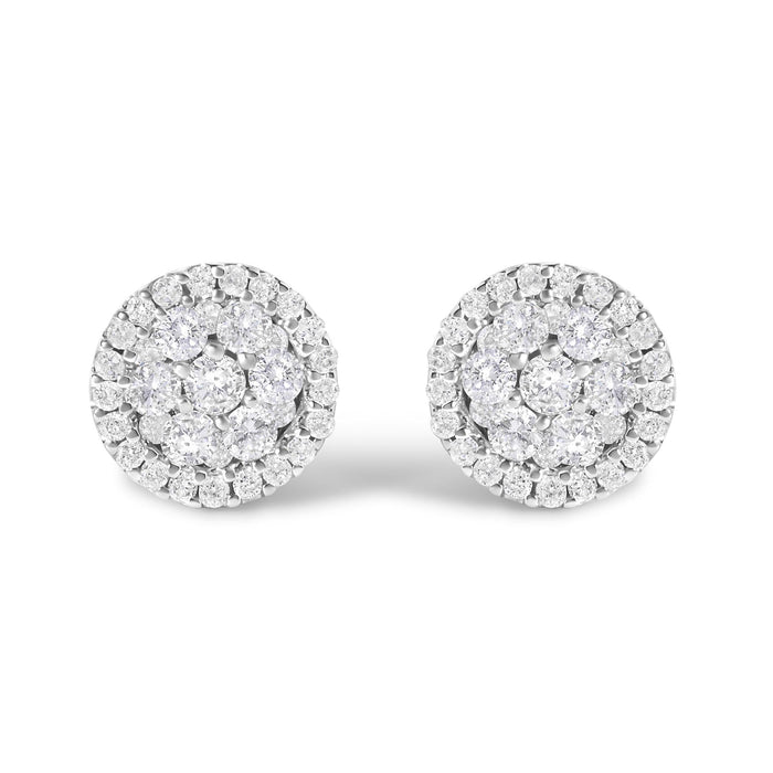 Aretes de botón redondos de racimo estilo halo con diamantes de 1 ct. p.t. certificados AGS en oro blanco de 14K, foto 1