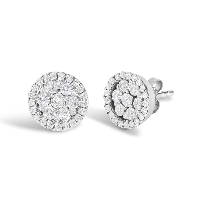 Aretes de botón redondos de racimo estilo halo con diamantes de 1 ct. p.t. certificados AGS en oro blanco de 14K, foto 2