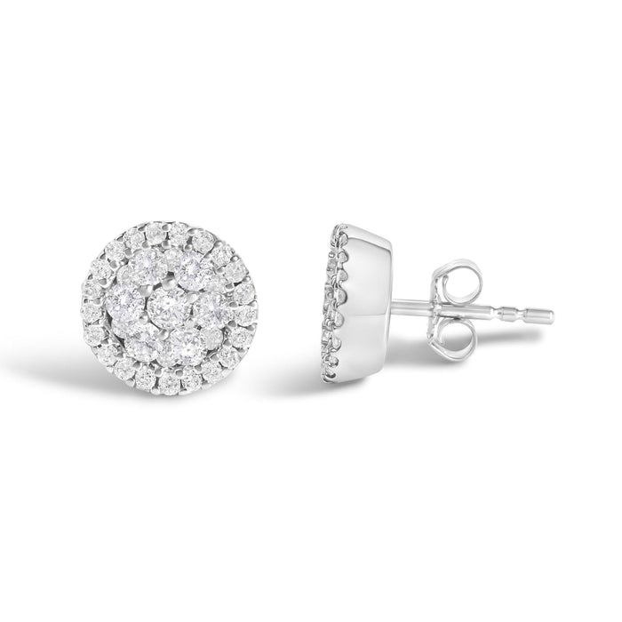 Aretes de botón redondos de racimo estilo halo con diamantes de 1 ct. p.t. certificados AGS en oro blanco de 14K, foto 4