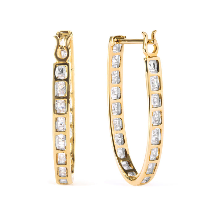 Aretes de aro en U con diamantes redondos y baguette de 1 ct. p.t. en oro amarillo de 10K, foto 2