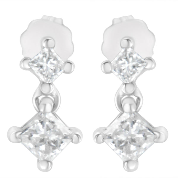 Aretes de botón dobles con diamantes talla princesa de 3/4 ct. p.t. en oro blanco de 14K, foto 2