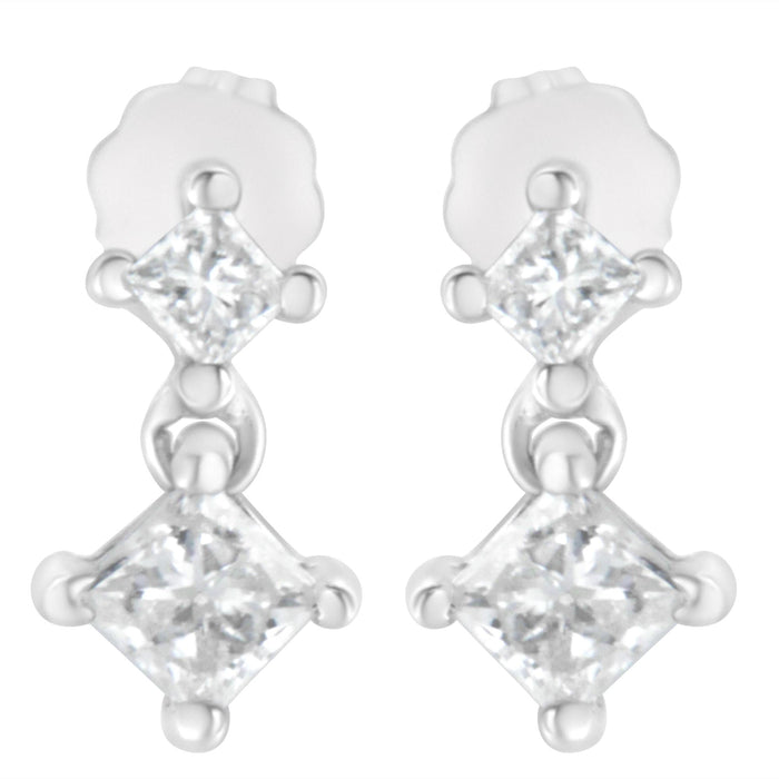 Aretes de botón dobles con diamantes talla princesa de 3/4 ct. p.t. en oro blanco de 14K, foto 2