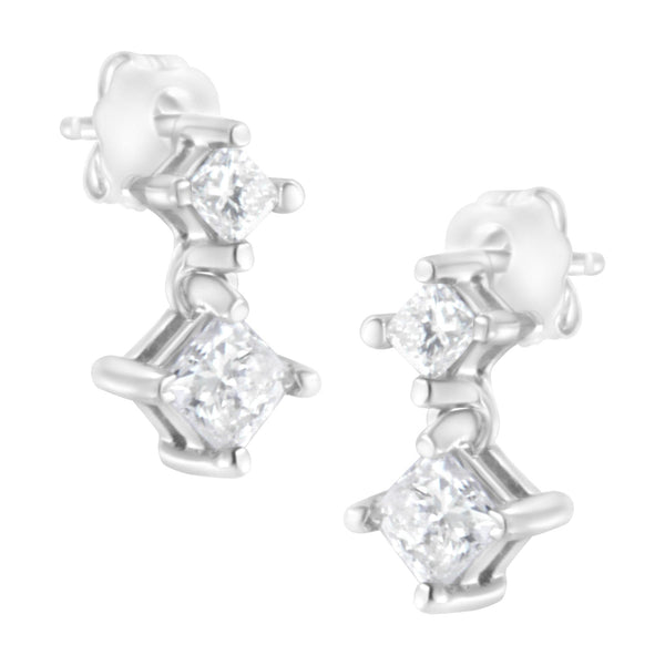 Aretes de botón dobles con diamantes talla princesa de 3/4 ct. p.t. en oro blanco de 14K, foto 1