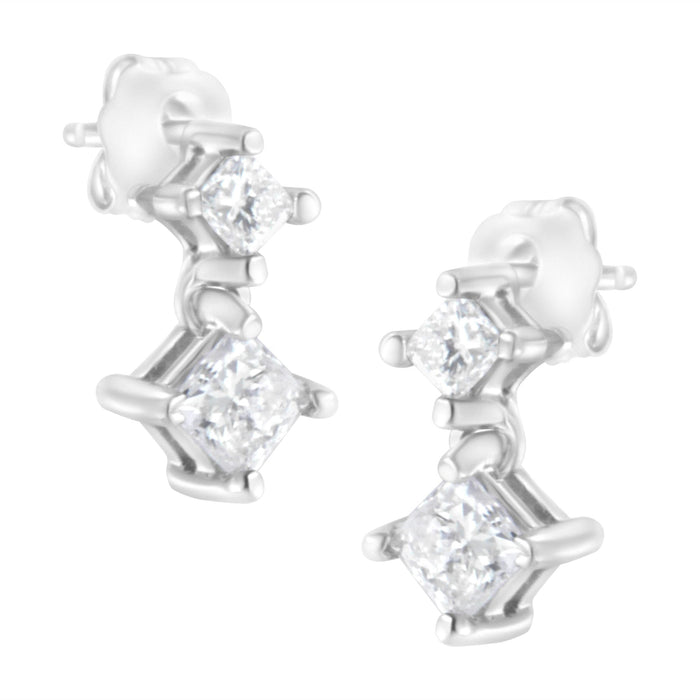 Aretes de botón dobles con diamantes talla princesa de 3/4 ct. p.t. en oro blanco de 14K, foto 1