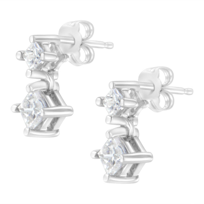 Aretes de botón dobles con diamantes talla princesa de 3/4 ct. p.t. en oro blanco de 14K, foto 4
