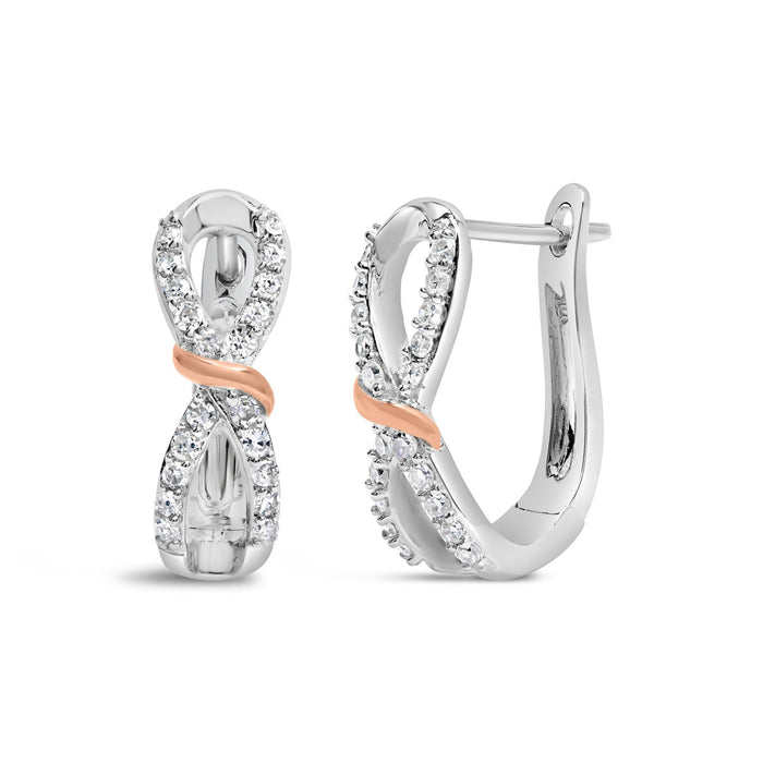 Aretes de aro de infinito y cinta con diamantes de 1/3 ct. p.t. en oro blanco y rosa de 10K, foto 1