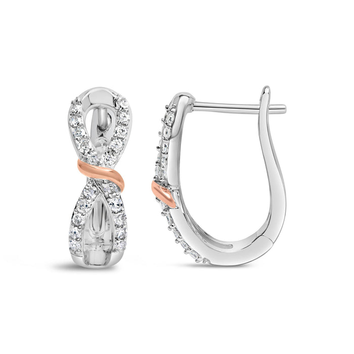 Aretes de aro de infinito y cinta con diamantes de 1/3 ct. p.t. en oro blanco y rosa de 10K, foto 4