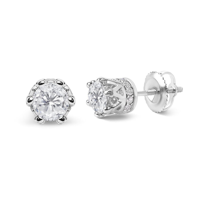 Aretes de botón de corona de garras con diamantes de talla redonda de 1 ct. p.t. en oro blanco de 14K, foto 2
