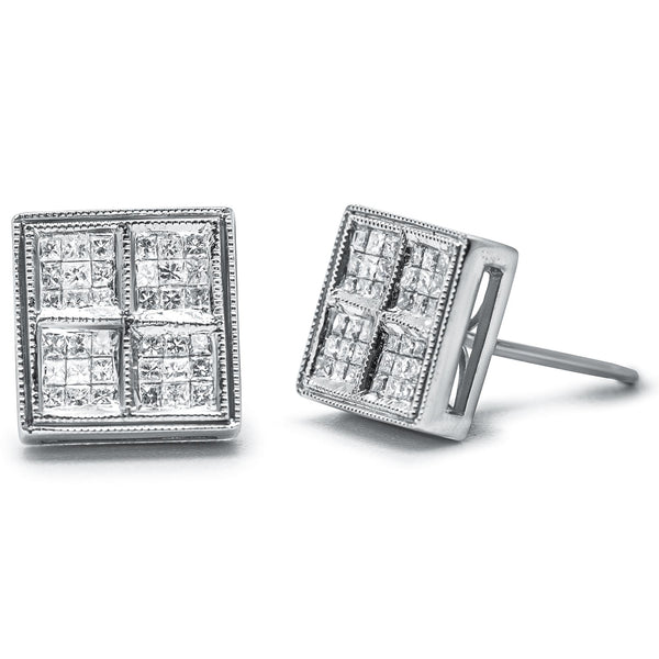 1/2 Ct. T.W. Princess Diamond Composite Box Shape Milgrain Stud Earrings in 14K White Gold, photo 1