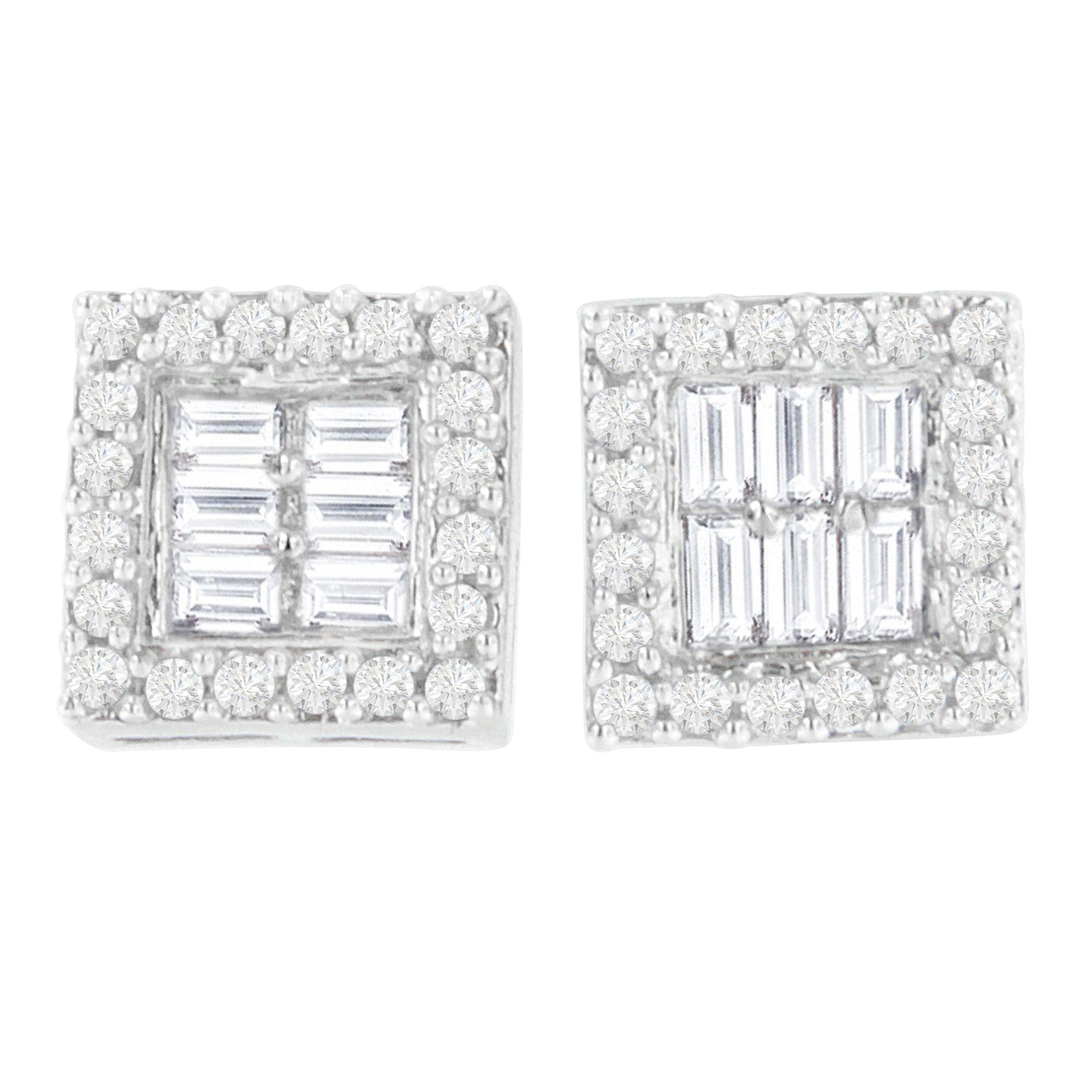 Aretes de botón con diamantes redondos y baguette de 1 ct. p.t. en oro blanco de 14K, foto 1